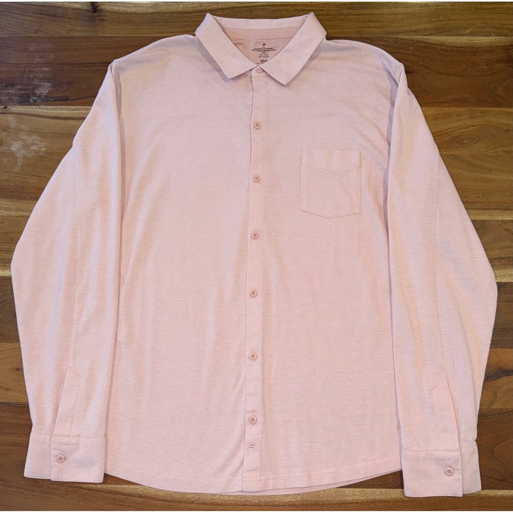 Fabletics Mens XXL Pink Pique Knit Long Sleeve Button Down Shirt Pockets Logo